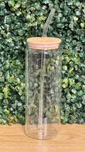 24oz single wall glass cup with bamboo lid and glass straw